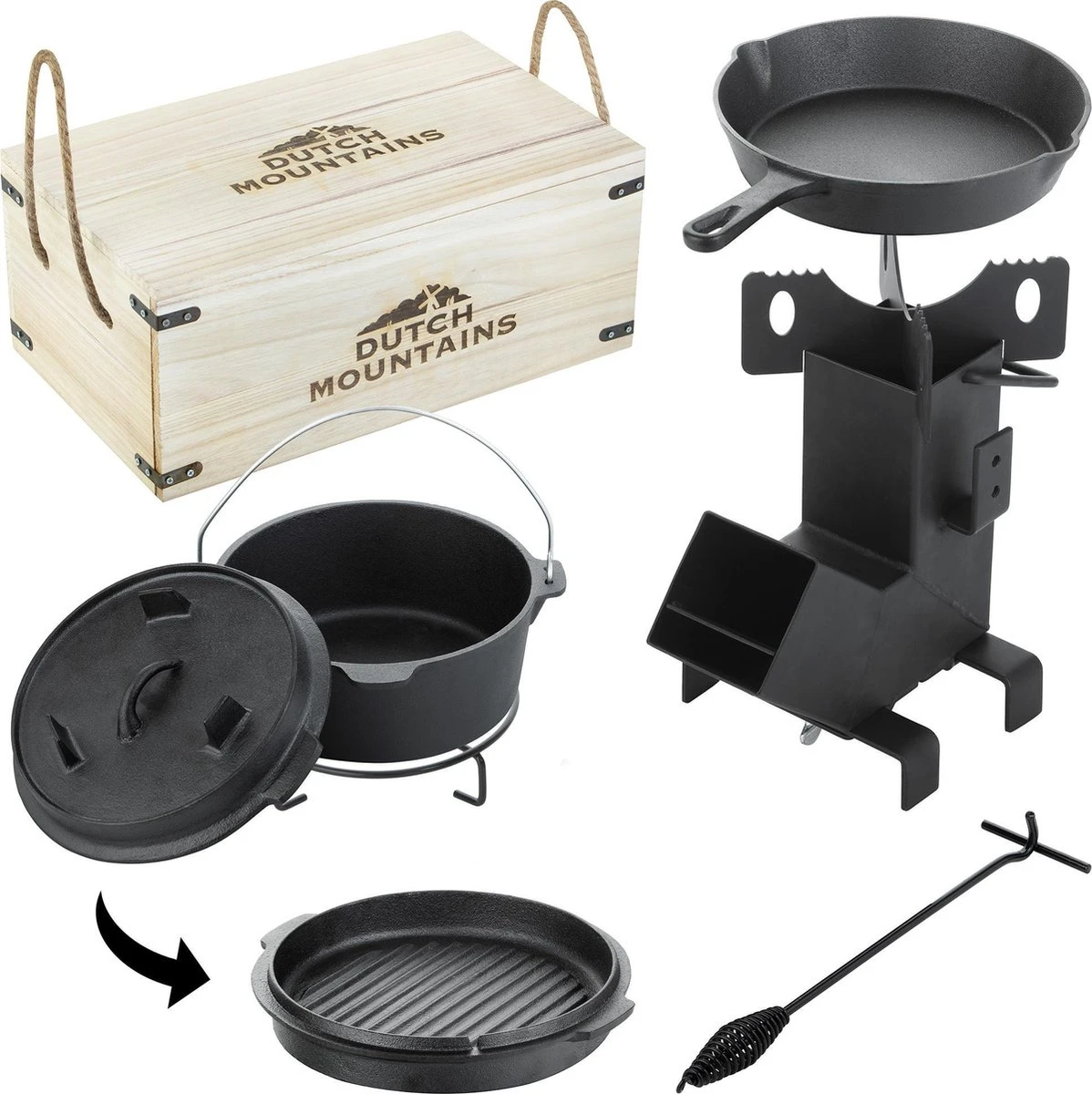 Dutch Mountains Gietijzeren Pannenset 7-delig - Dutch Oven – Braadpan - Grillpan - Hapjespan - Kookset In Houten Transportkist - Deksellifter - Brander 1 Dutch Mountains Gietijzeren Pannenset 7-delig - Dutch Oven – Braadpan - Grillpan - Hapjespan - Kookset In Houten Transportkist - Deksellifter - Brander