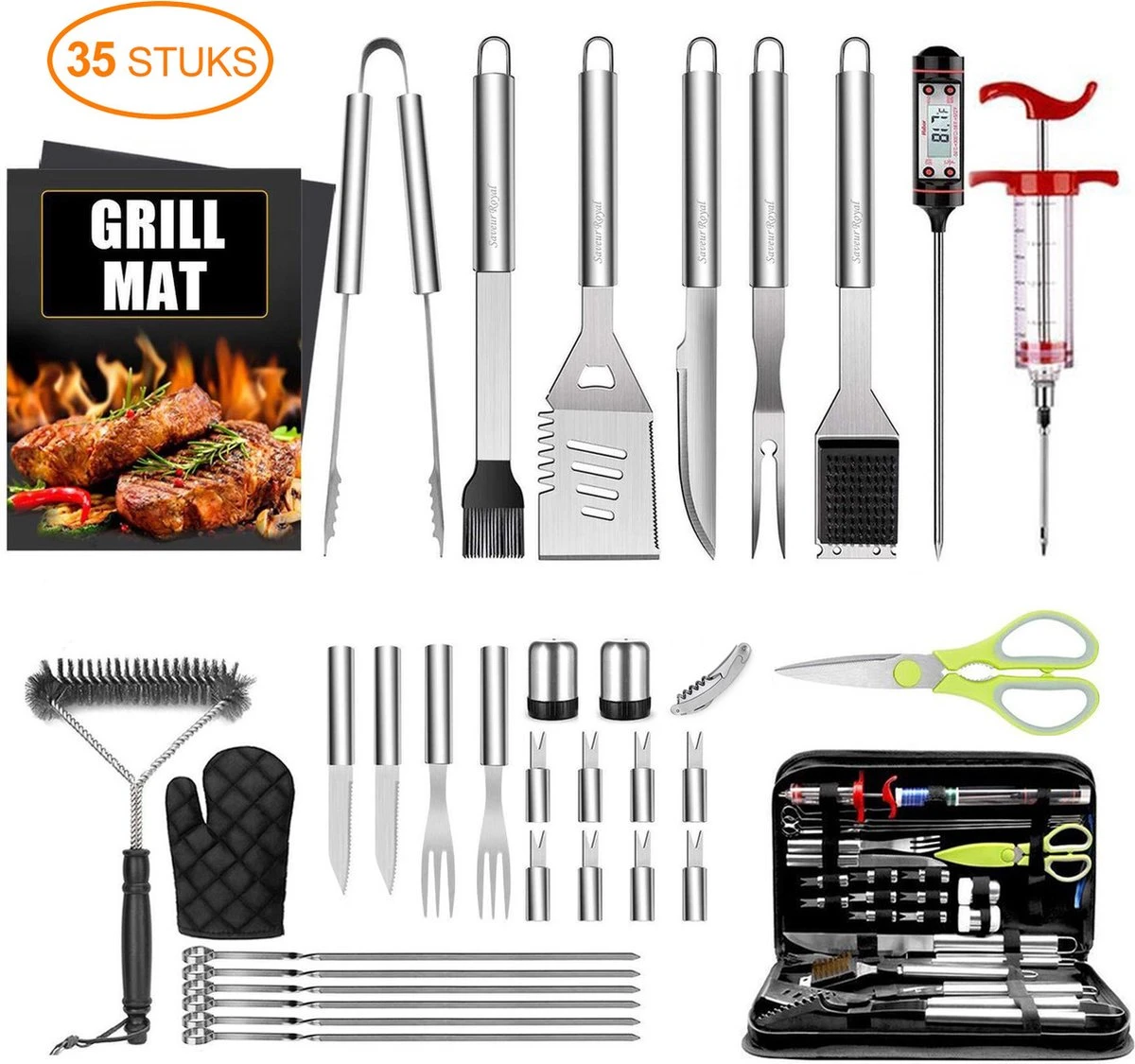 Saveur Royal® 35-delige Barbecue Gereedschapset In Roestvrij Staal - BBQ Grill Set Met Draagtas - Barbecuegerei-sets - Barbecue Accessoires Gereedschap - 35-delig 1 Saveur Royal® 35-delige Barbecue Gereedschapset In Roestvrij Staal - BBQ Grill Set Met Draagtas - Barbecuegerei-sets - Barbecue Accessoires Gereedschap - 35-delig