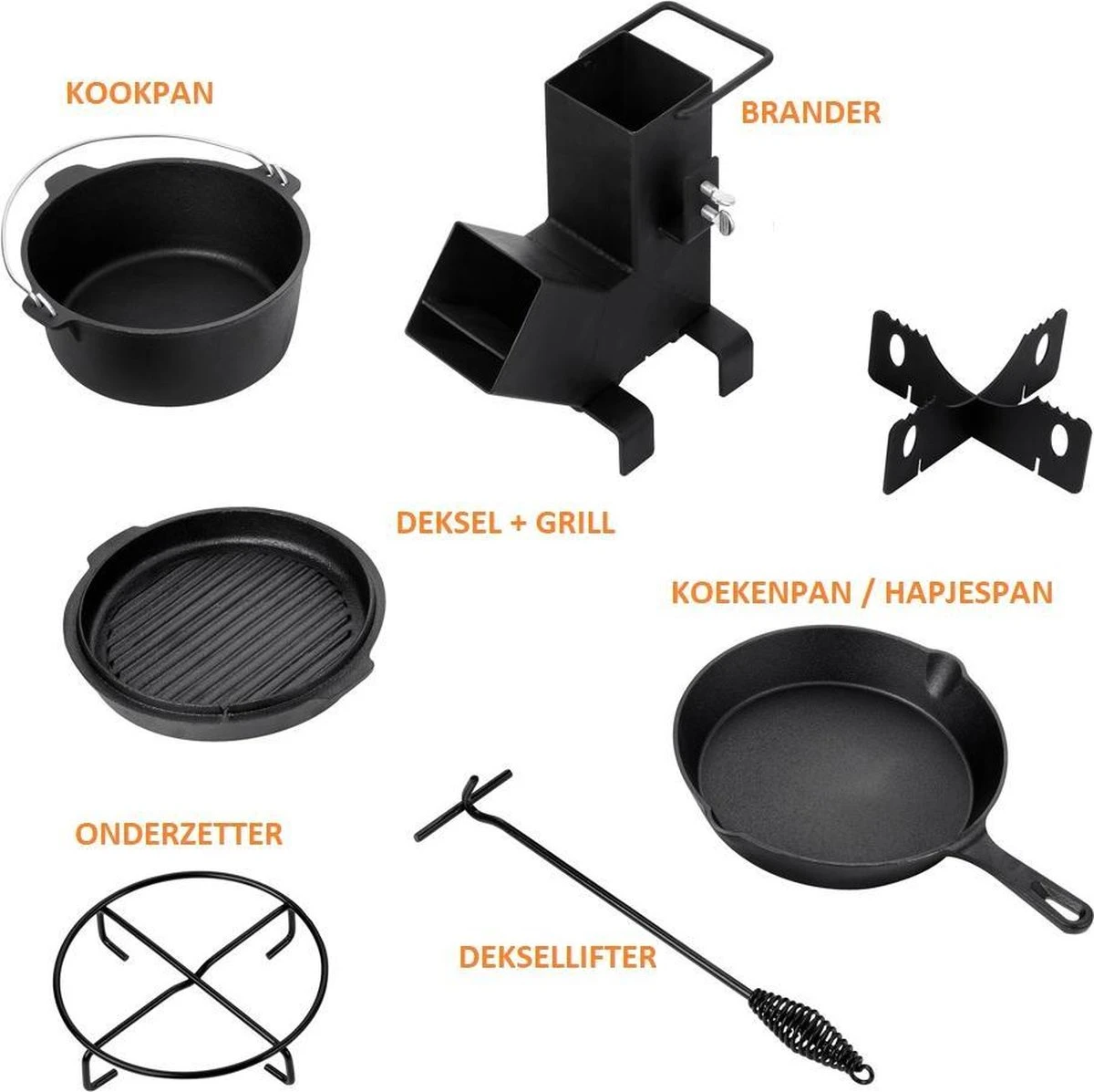Dutch Mountains Gietijzeren Pannenset 7-delig - Dutch Oven – Braadpan - Grillpan - Hapjespan - Kookset In Houten Transportkist - Deksellifter - Brander 4 Dutch Mountains Gietijzeren Pannenset 7-delig - Dutch Oven – Braadpan - Grillpan - Hapjespan - Kookset In Houten Transportkist - Deksellifter - Brander - Afbeelding 4