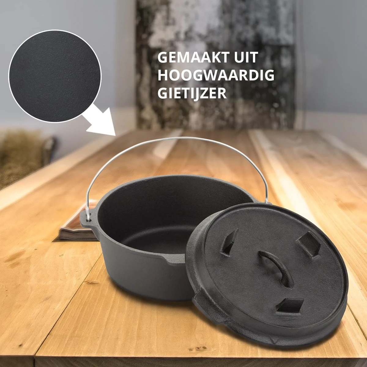 Dutch Mountains Gietijzeren Pannenset 7-delig - Dutch Oven – Braadpan - Grillpan - Hapjespan - Kookset In Houten Transportkist - Deksellifter - Brander 3 Dutch Mountains Gietijzeren Pannenset 7-delig - Dutch Oven – Braadpan - Grillpan - Hapjespan - Kookset In Houten Transportkist - Deksellifter - Brander - Afbeelding 3