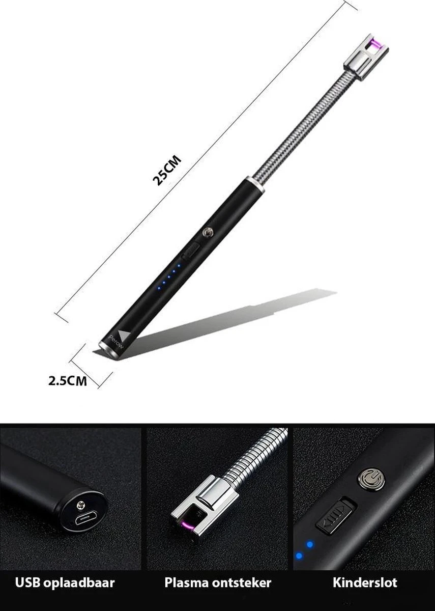 Oplaadbare Lange Elektrische Aansteker Buigbaar - Buigbare Aansteker - Duurzame Plasma Aansteker - Inclusief Cadeauverpakking - BBQ - Kaarsen - Zwart 2 Oplaadbare Lange Elektrische Aansteker Buigbaar - Buigbare Aansteker - Duurzame Plasma Aansteker - Inclusief Cadeauverpakking - BBQ - Kaarsen - Zwart - Afbeelding 2