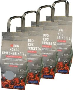 Kokosbriketten 12KG Hoogwaardige Kwaliteit Voor De BBQ, 4 Zakken á 3kg, Kokosnootbriketten, Weber Formaat Briketten.
